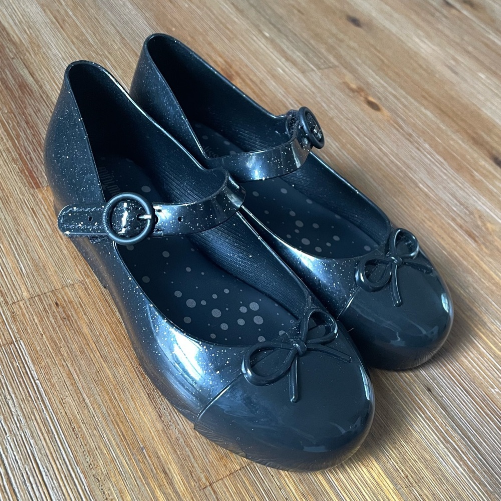 Mini Melissa Sweet Love Cap Toe Mary Jane Jelly Flats Sparkly Black